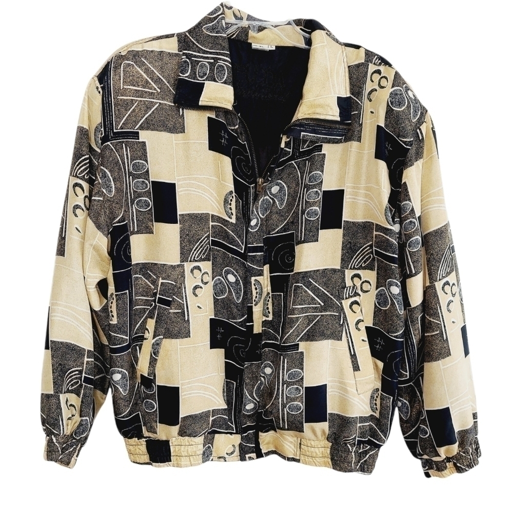 Vintage Fuda International Woman's Large Silk Bomber Jacket Geometric Black 90s - Picture 3 of 13